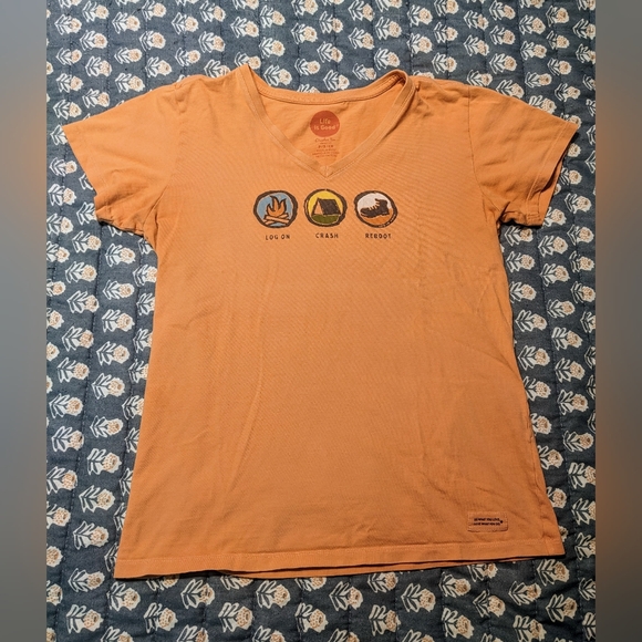 Life Is Good Log On Crash Reboot Orange Camping V-Neck T-Shirt sz S - Picture 1 of 8